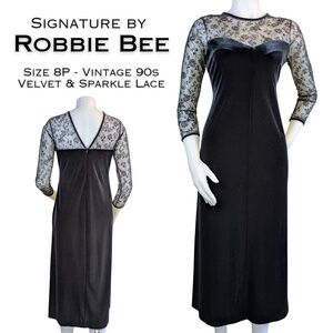 Vintage 90s Robbie Bee Signature Black Velvet Sparkle Lace Maxi Gown 8P Event